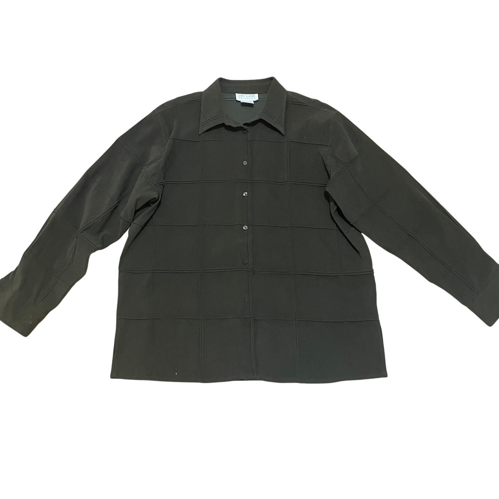 VTG SILK CLUB COLLECTION Women's XL Olive Green Quilted Paneling Button Up Shirt